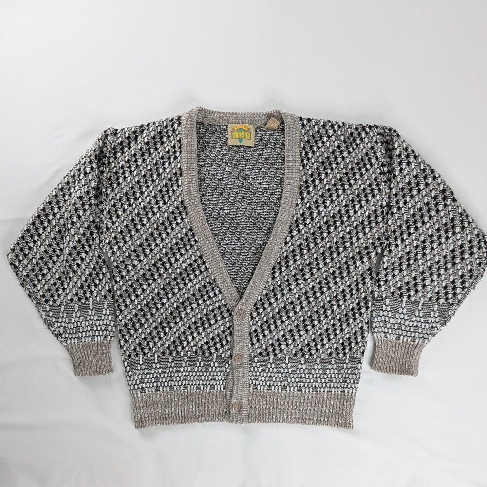 VTG Gray Black Chunky Knit Deep V Neck Button Front Cardigan Eclectic Grandpa